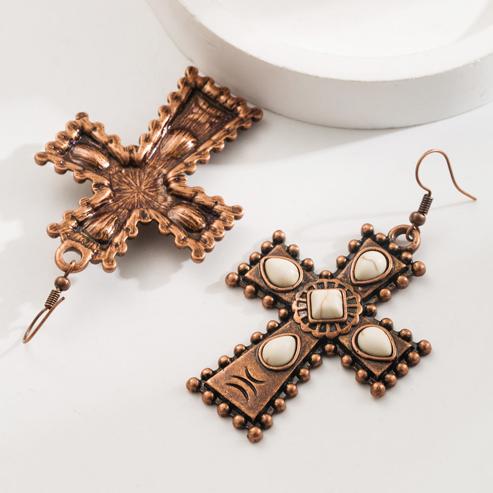Wholesale Retro turquoise teardrop cross exaggerated earrings